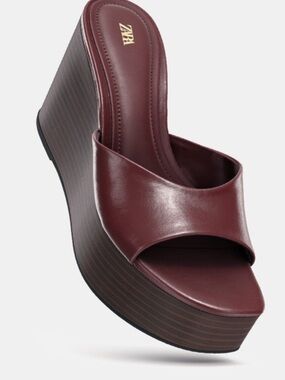 Zara Maroon Open-Toe Platform Wedge Sandal